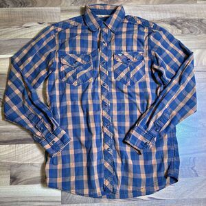 Mossy Oak Casual Snap Up Shirt Mens Size Small‎ Orange Navy Blue Plaid
